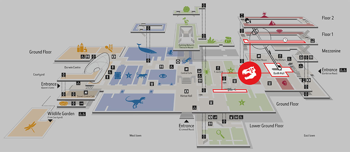 Map of the Museum highlighting where dinosaurs can be found throughout the Museum.